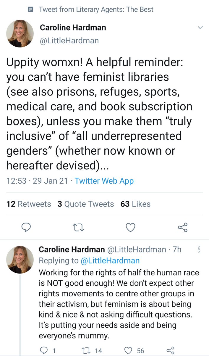 I've tolerated this TERF on my feed for a long time because she's a literary agent who may have some helpful industry insight for me. But anyone who tweets with this much arrogant ignorance and bigotry ain't got shit worth listening to. *Blocked*