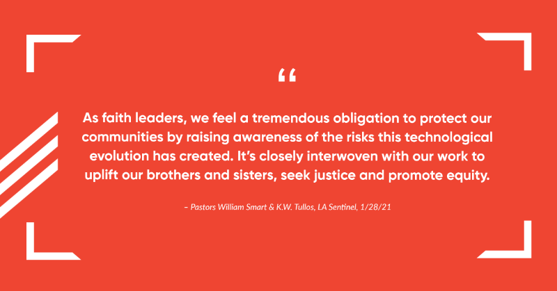 CARScoalition's tweet photo. Pastors @pastorwsmart and @KWTulloss are speaking out about the risks of intrusive surveillance programs being implemented by @LACity, @LAPDHQ, and @LADOTOfficial. Read more in @thelasentinel →