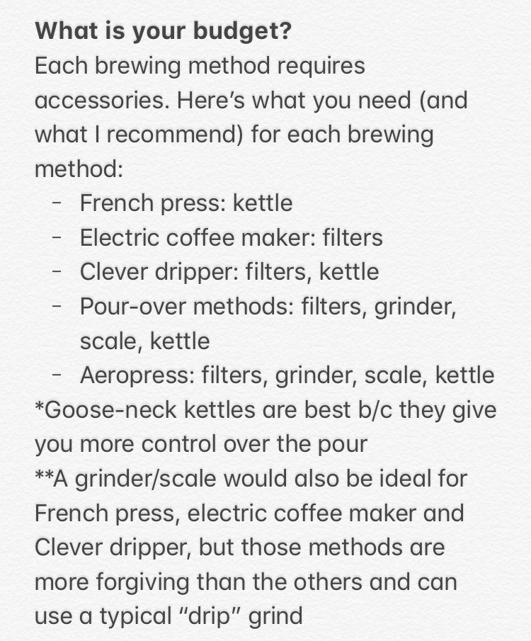 I get asked a fair amount about the best equipment for brewing coffee at home.I find put together a cheatsheet of sorts and figured I'd share it here, too.Let me know if there's anything I left out or if you have any questions!