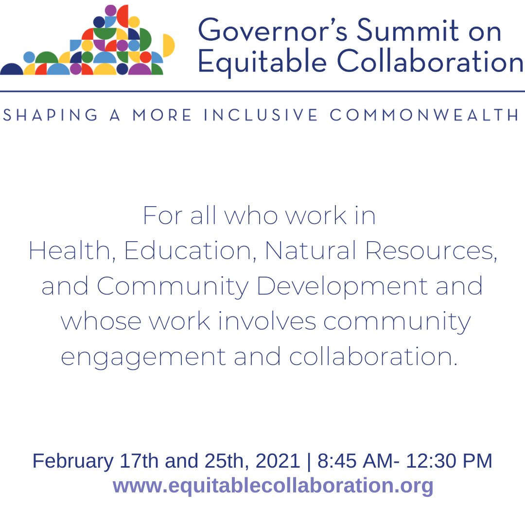 equitablecollab's tweet image. The Governor’s Summit on Equitable Collaboration is less than 3 weeks away! Register today  to learn about  #equitable collaboration framework and how to incorporate it in your work!  

equitablecollaboration.org 

#Virginia #equity #health #education #naturalresources #community
