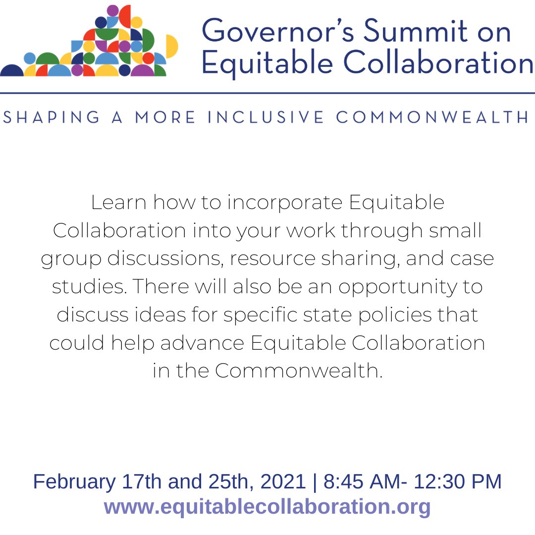 equitablecollab's tweet image. The Governor’s Summit on Equitable Collaboration is less than 3 weeks away! Register today  to learn about  #equitable collaboration framework and how to incorporate it in your work!  

equitablecollaboration.org 

#Virginia #equity #health #education #naturalresources #community