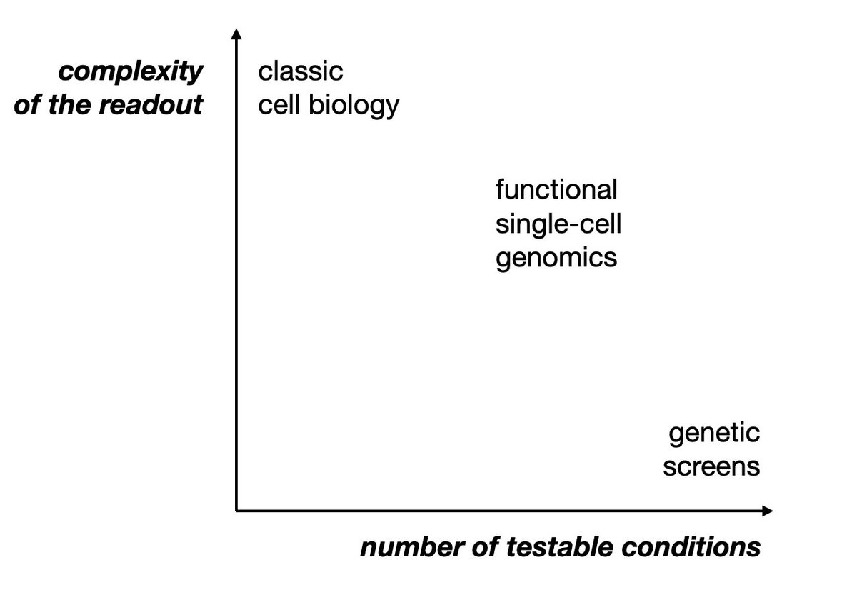 6/ This is where Perturb-seq comes in: it's functional genomics with a single-cell readout. Instead of cherry-picking a few hits for in-depth follow-up, you can characterize 'all'. Medium/high throughput, deep phenotypic readout, highly multiplexed b/c 1 cell = 1 data point.