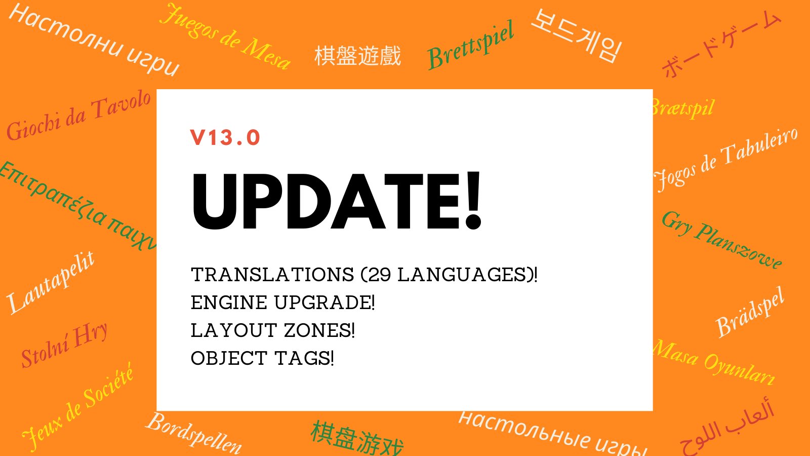 Tabletop Simulator Tabletop Simulator Now Has Translations For 29 Languages T Co Echt74zdcg We Ve Also Upgraded The Game S Engine Added Layout Zones And Added Object s Finally We Are Launching A New