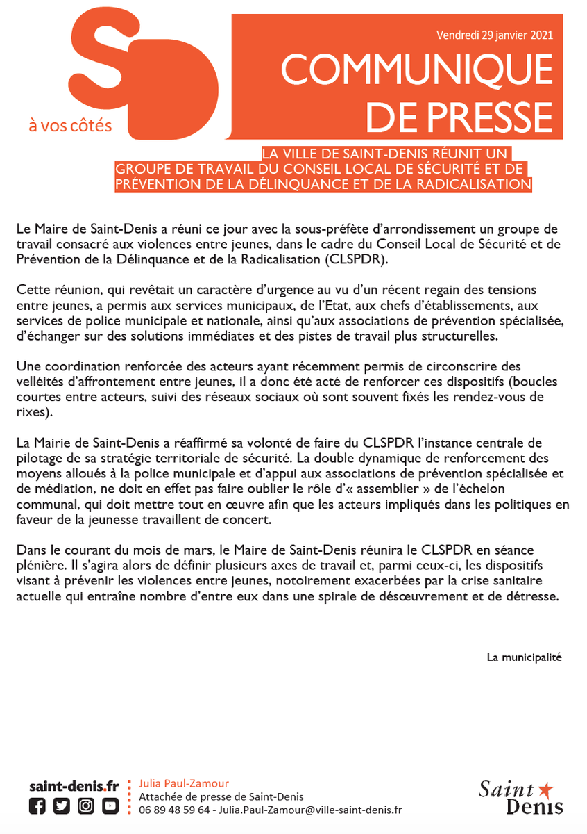 I COMMUNIQUÉ DE PRESSE I
La ville de Saint-Denis réunit un groupe de travail du Conseil local de sécurité et de prévention de la délinquance et de la radicalisation ⬇️