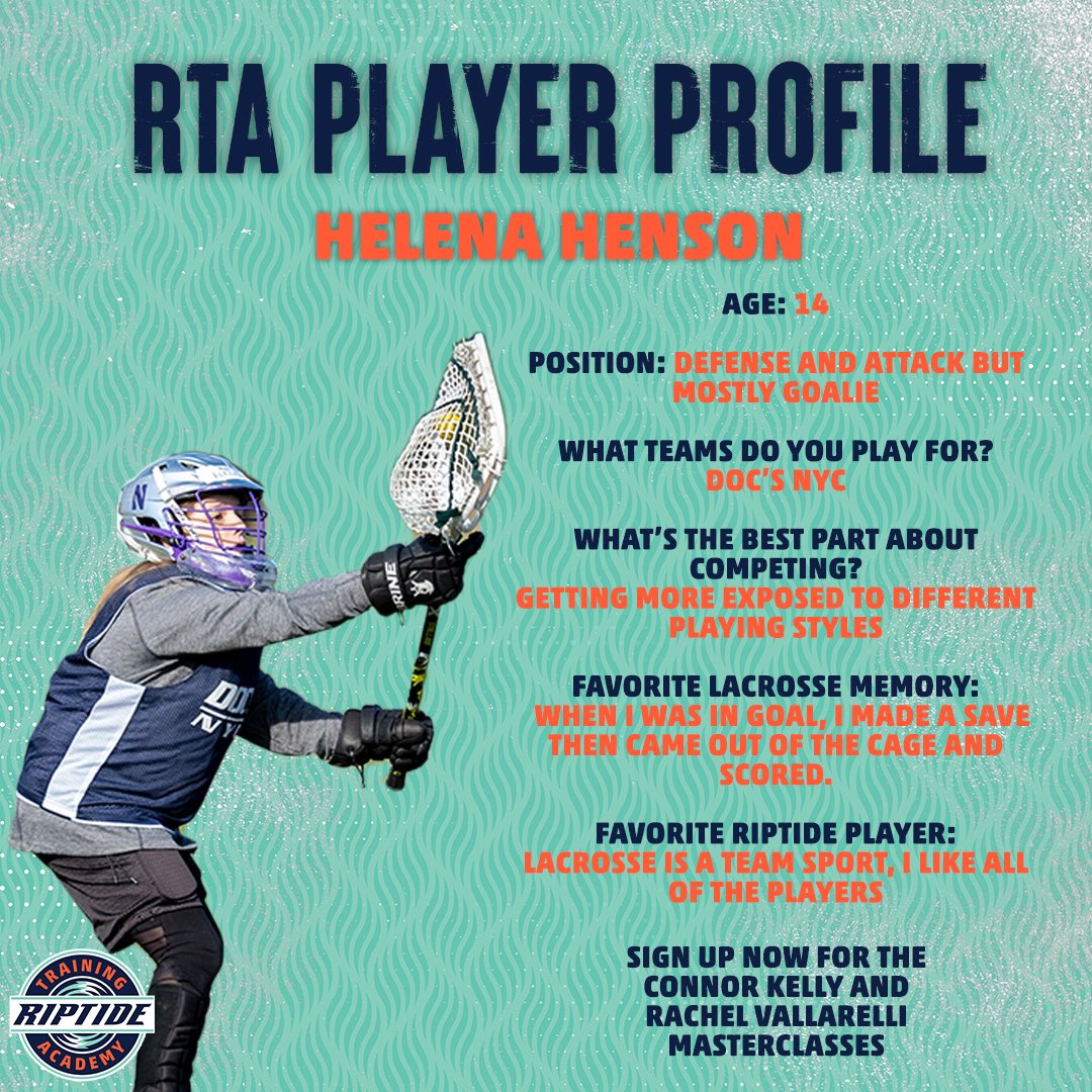 Riptide Training Academy (@riptidetraining) on Twitter photo Our RTA Player Profile this week is Helena Henson! Sign up now for our <a href="/RAVSLAX26/">Rachel Vallarelli | RV Lacrosse LLC.</a> and <a href="/connor21kelly/">Connor Kelly</a> masterclasses happening tomorrow!
✍️ Register: riptidetrainingacademy.com/programs/ #GrowTheGame Our RTA Player Profile this week is Helena Henson! Sign up now for our <a href="/RAVSLAX26/">Rachel Vallarelli | RV Lacrosse LLC.</a> and <a href="/connor21kelly/">Connor Kelly</a> masterclasses happening tomorrow!
✍️ Register: riptidetrainingacademy.com/programs/ #GrowTheGame
