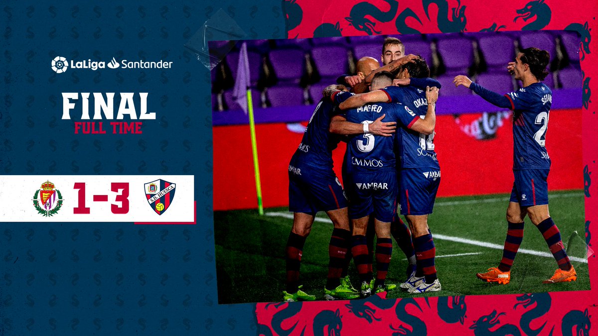 SDHuesca's tweet photo. FINAL | ¡¡¡¡VICTORIAAAA!!!! ➕3⃣

Triunfo, segundo en #LaLigaSantander, en un encuentro vital en la zona baja. GRAN partido colectivo en el que destacaron los tres GOLAZOS de Rafa Mir.

¡𝐂𝐫𝐞𝐞𝐦𝐨𝐬, 𝐬𝐢𝐧 𝐫𝐞𝐛𝐥𝐚𝐫! 👊

1-3 | #RealValladolidHuesca https://t.co/owLFAwZoDK