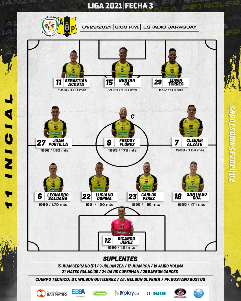 APetrolera's tweet photo. Aquí está nuestro 1️⃣1️⃣ inicial en esta nueva fecha 💪
¡Alianza Somos Todos! 🟡⚫ https://t.co/LsP1m8CKYv
