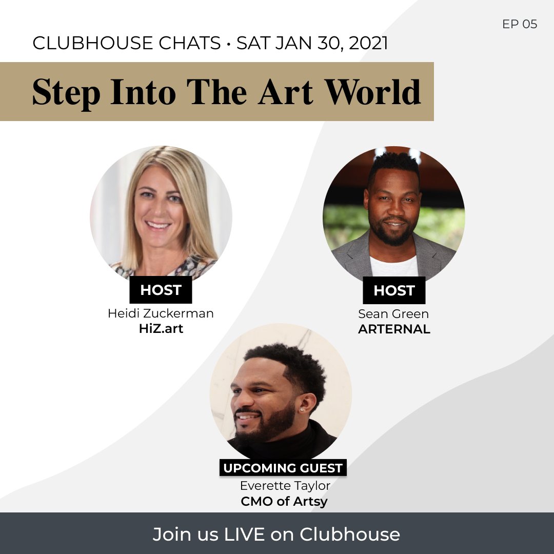 Tomorrow on <a href="/joinClubhouse/">Follow @Clubhouse</a>! <a href="/heidizuckerman/">Heidi Zuckerman</a> and I are chatting with <a href="/Everette/">Everette Taylor</a>, the CMO for Artsy. Tune in Saturday at 3:30pm PT/6:30pm ET. #StepIntoTheArtWorld
bit.ly/2MfLIgU