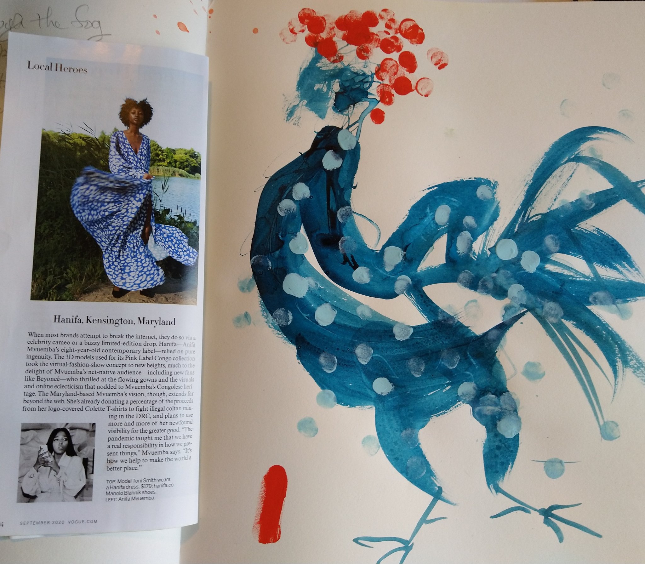 honoria starbuck on X: Hanifa inspired Vogue Zen Chicken. Daily practice. 11x14  sketchbook page. Sennelier blue acrylic ink with Turner Acryl Gouache  finger painting.  / X