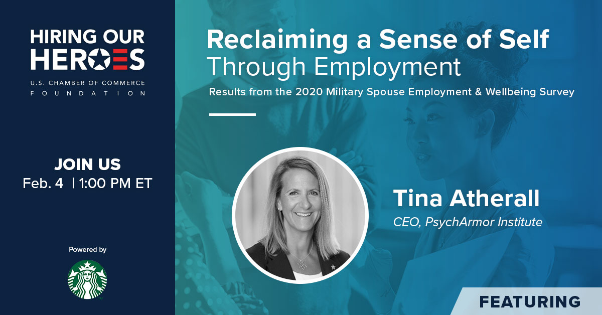 PsychArmor's <a href="/TinaAtherall/">Tina Atherall</a> will moderate a panel discussion during Reclaiming a Sense of Self Through Employment: Survey Results Release on 2/4. <a href="/IVMFSyracuseU/">IVMF at Syracuse University</a> <a href="/Starbucks/">Starbucks</a> 
Join us: events.hiringourheroes.org/n8neK2 #MilSpouseWellbeing