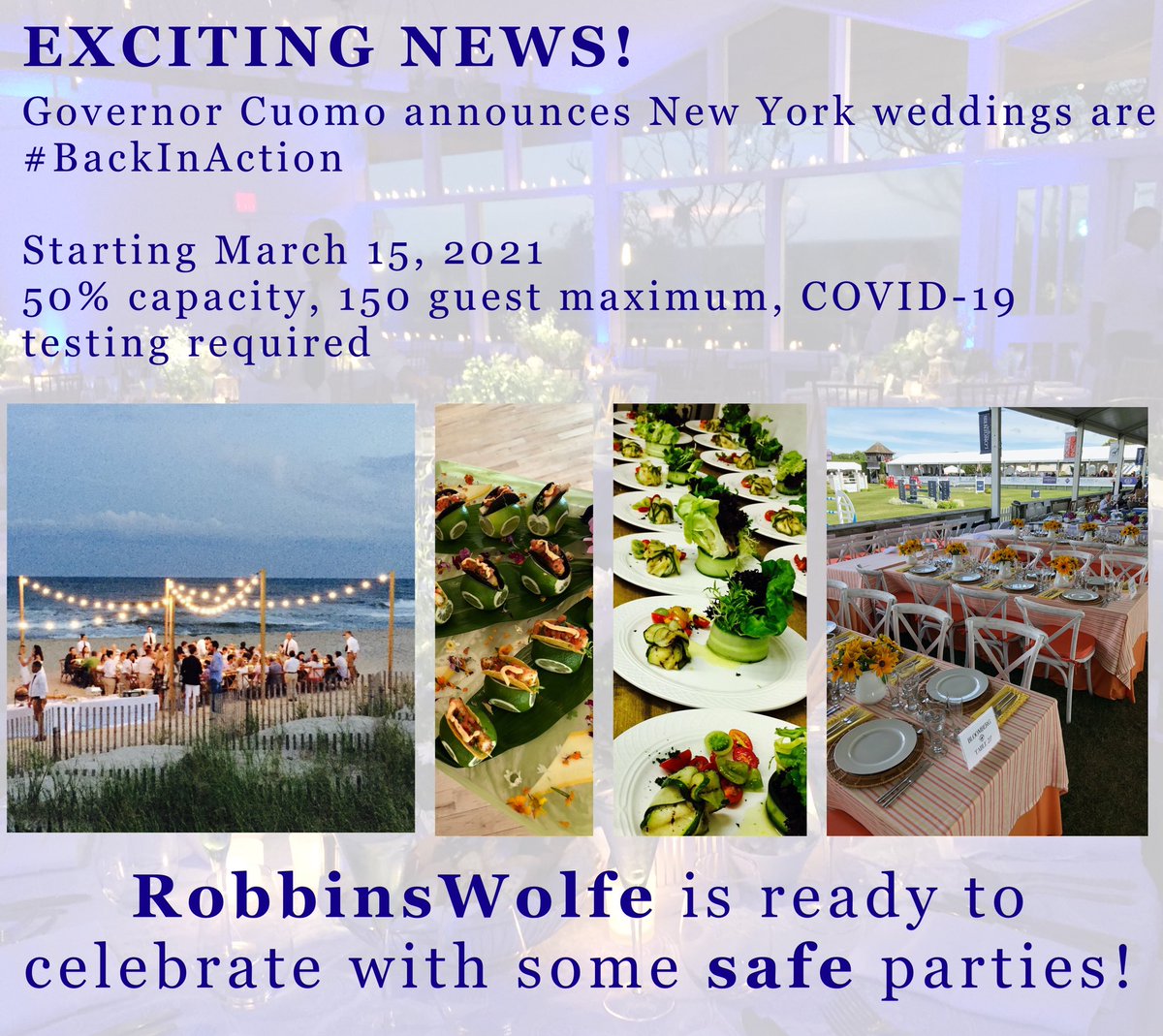 ChrisHRobbins's tweet photo. Amazing news today for all in the entertaining industry! Governor Cuomo has greenlighted weddings to commence as of March 15th with restrictions as noted! https://t.co/8WJmijVFX8