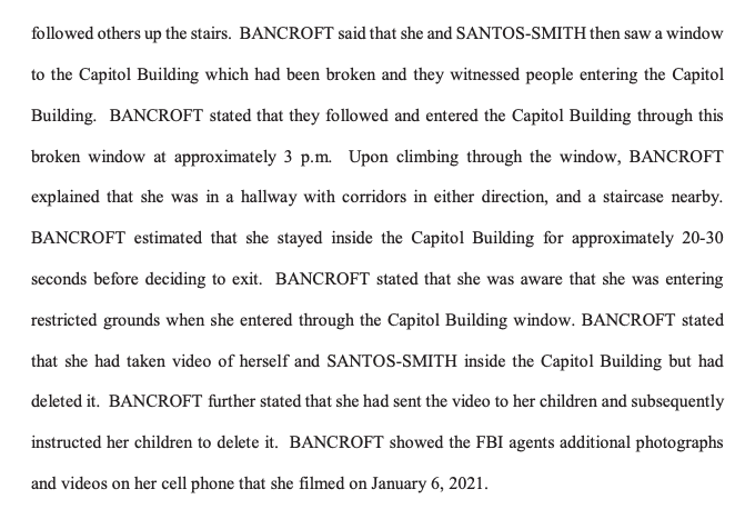 "BANCROFT stated that she was aware that she was entering restricted grounds when she entered through the Capitol Building window.”  https://www.justice.gov/opa/page/file/1362581/download