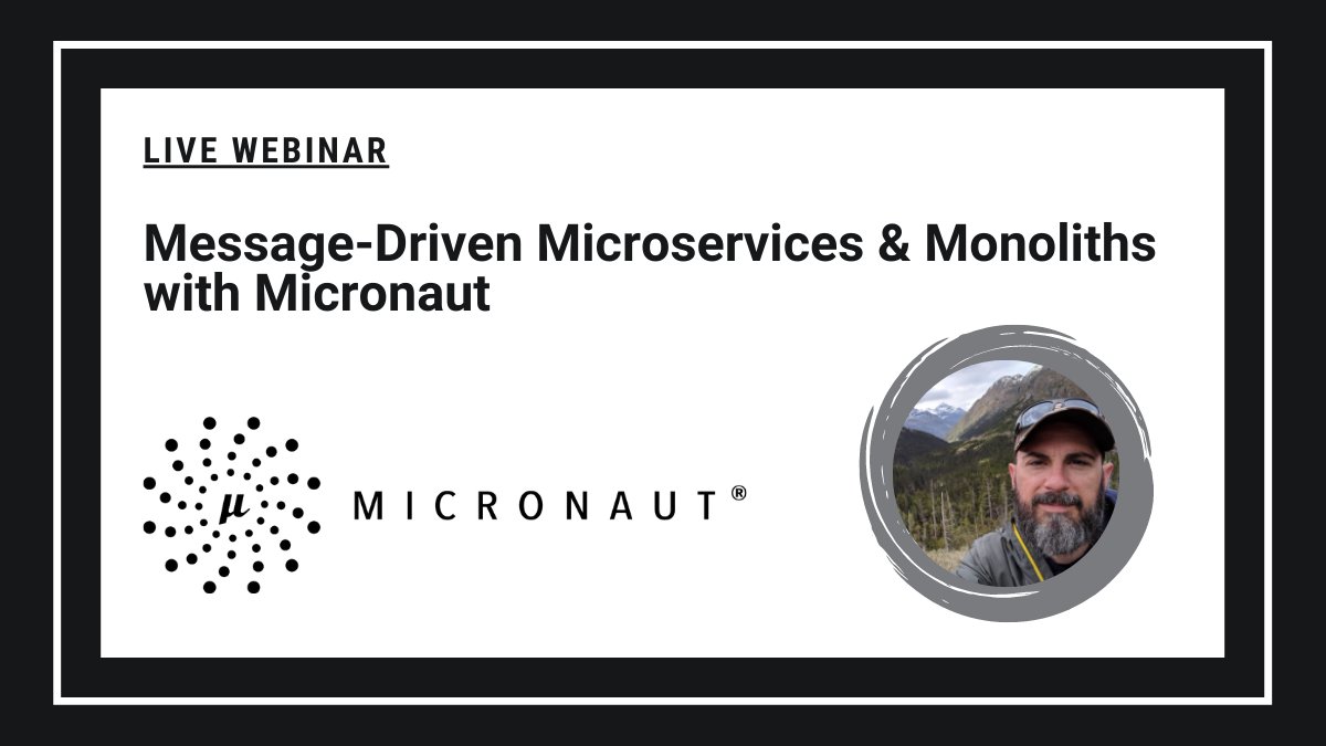 micronautfw's tweet photo. Happy Friday! We are pumped to have our friend 
@recursivecodes with us on Feb. 12th for a live webinar on Message-Driven Microservices &amp; Monoliths with Micronaut! Here is the link for all the details and to save your seat! https://t.co/GdHhD180p1 #micronaut https://t.co/kkPehMDWte