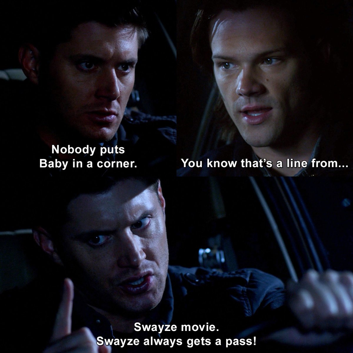 Listen. Dean Winchester–a bi man–liking Dirty Dancing is something that can be so personal. & he clearly DOES like it, since he quotes it.Please allow me to elaborate in multiple tweets because I have a lot of Dirty Dancing thoughts & I need to write this out for Reasons.