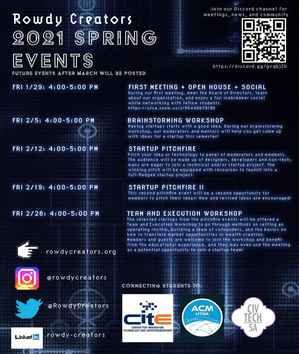 𝙁𝙞𝙧𝙨𝙩 𝙈𝙚𝙚𝙩𝙞𝙣𝙜: ✅

Thank you all so much for a great first meeting turnout! Below are future events we are hosting throughout the semester. As always, follow us on our socials to keep up to date on the latest info! #startups #networking #future #innovation #thankyou