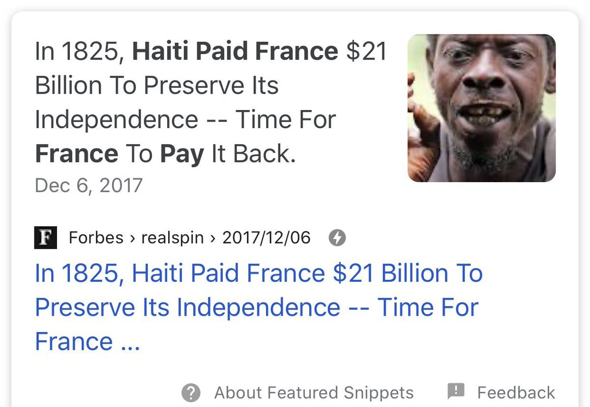 KaySavid's tweet photo. @Pay_The_Toll @WaIIStreetPanic @AsIAdmire @MarcoCK77 @DThurisaz @TattyBojangles7 Haiti paid France for its Independence but I know your people don't know history, only enough to feel like you know something when you don't. Haiti gave France money and in turn France continued to embargoed Haiti causing its economic downfall. Learn. https://t.co/GE2BayODLO
