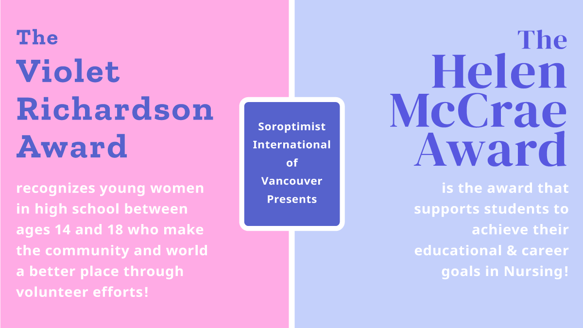 si_vancouver's tweet photo. It’s awards season! Soroptimist Vancouver presents two awards: the Violet Richardson Award &amp; the Helen McCrae Award. 

Get your applications in by March 31. 2021!

More details:
https://t.co/HWFJGYIz2J
https://t.co/5vDPNTJKGl

#violetrichardsonaward #helenmccraeaward https://t.co/y656Yh9Gul