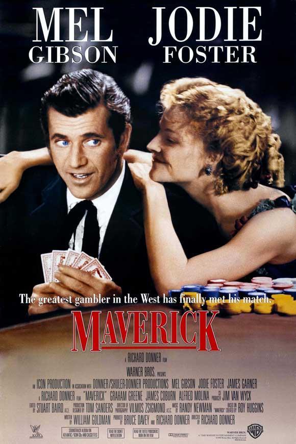 Maverick (1994) is a great western comedy starring Mel Gibson as a fast-talking and cowardly gambler trying to scrape together enough money to enter a once-in-a-lifetime poker tournament. Made by the Lethal Weapon crew.