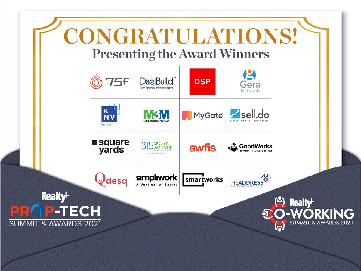 RPRealtyPlus's tweet photo. A Triumph of the Winning Spirit! These are the #frontrunners of the #PropTech & #Co_Working Sectors! Presenting the #winners of the 3rd Realty+ PropTech Awards & the 2nd Realty+ Co-Working #Awards 2021
#PropTechAwards #CoWorkingAwardss #Jury2021 #Winners2021 #FutureofWorkspaces https://t.co/BecNudsTlp
