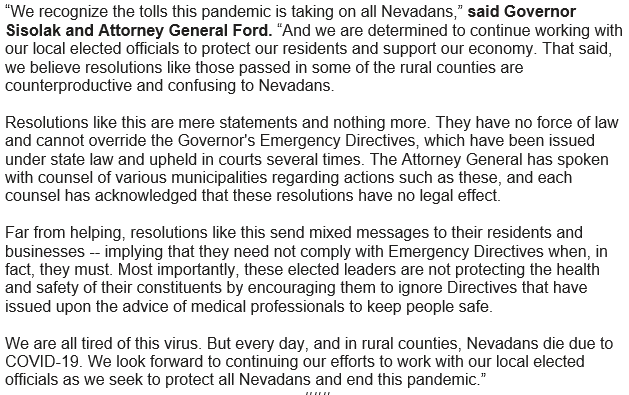 NevadaAG's tweet photo. SHARE| AG Ford and @GovSisolak issued a joint statement addressing rural counties who have issued resolutions defying pandemic restrictions: https://t.co/vIYwckU8Iy