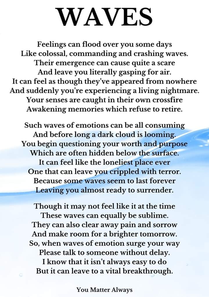 SuzieYMA's tweet photo. I can relate to the 'waves' a lot lately. Anyone else? 💜😪💜🌊🌊🌊 #YouMatterAlways #waves #griefandloss #toughtimes #somedays #mentalhealth #mentalillness #change #hardgoing #pushingforward #inthistogether https://t.co/Cx3FHIQWnX