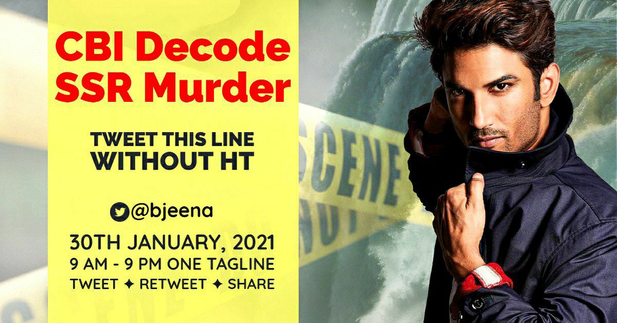 Warrior4SSR45's tweet photo. 🔱 MORNING TWEET ACTIVITY 🔱

For Spreading Positivity, Love and Smiles  ✅

Tweet This Tagline  Without Hashtag:
CBI Decode SSR Murder

Use Single Tagline Accurately !

⚠️ Published Now :  Tweet/Retweet/Share🙏🏻

Starts at 9 AM sharp
POSTERS FOR TWITTER CAMPAIGN! https://t.co/oc5gY9K65U