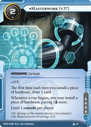 Criminal console named "Masterwork (v37)". The illustration is a cybernetic arm surrounded by a glowing blue display.