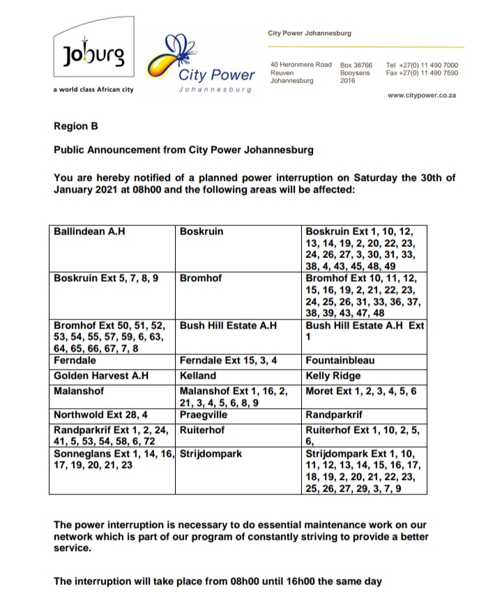 CityPowerJhb's tweet image. #Region B #JoburgServices
#RandburgPlannedOutage

Please be reminded of planned power outage Saturday (Today) the 30th of January 2021 at 08h00.^LP