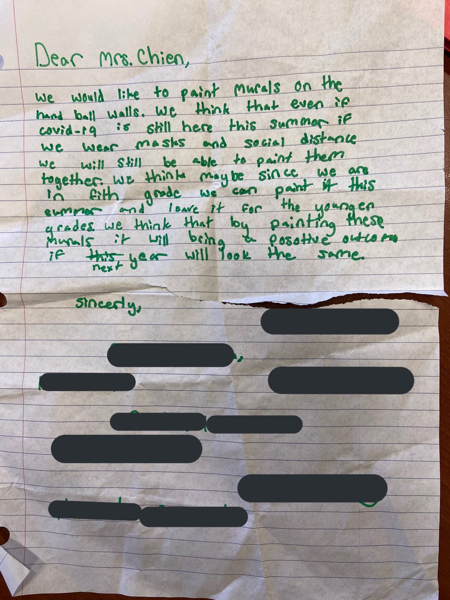ChienforSTEM's tweet photo. Recently received this letter from a group of our 5th graders. I love the advocacy to beautify our school with hopes to leave it as a uplifting legacy for the future. 
#studentvoice #GreatKindnessWeek https://t.co/X1zXgodynw