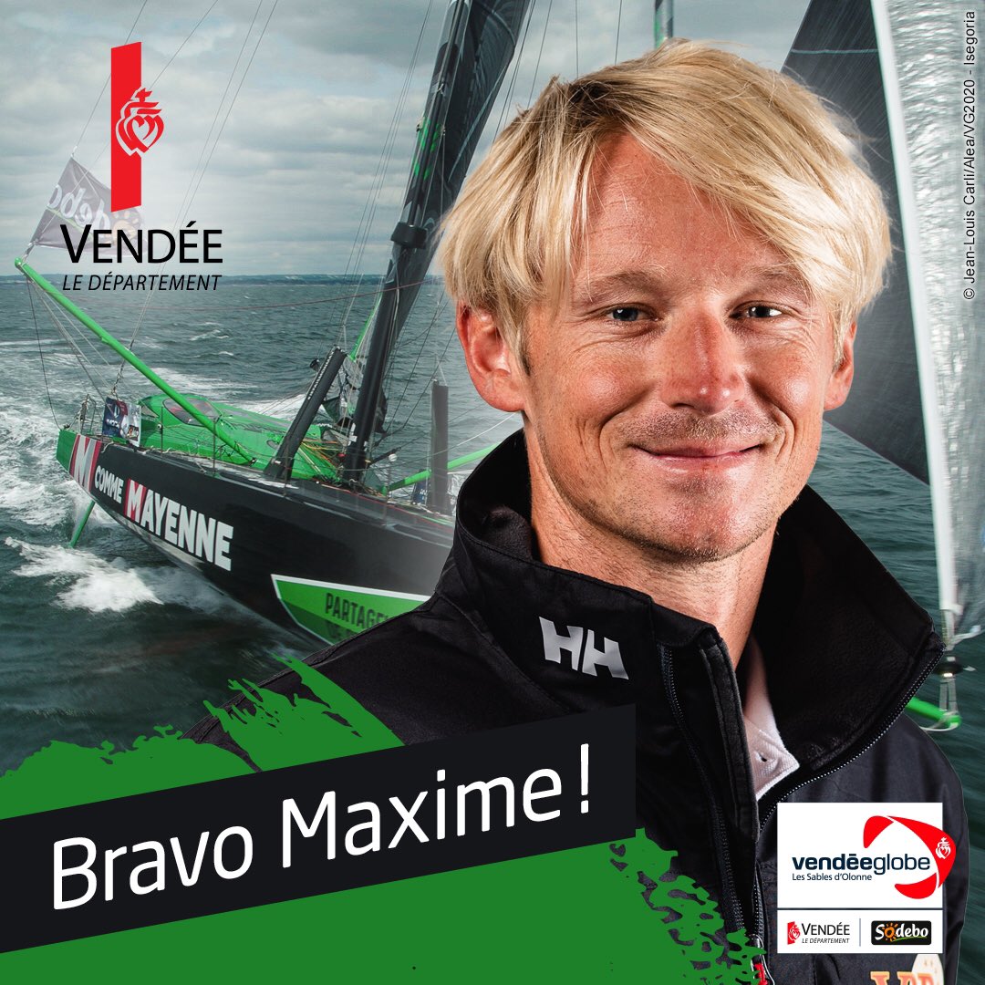 DepVendee's tweet photo. #VG2020 Il a franchi la ligne d’arrivée, @MaximeSorel termine son premier @VendeeGlobe à la 10e place en 82 jours 14 heures 30 minutes et 15 secondes #VendeeGlobe2020 https://t.co/L7PUSA0onr