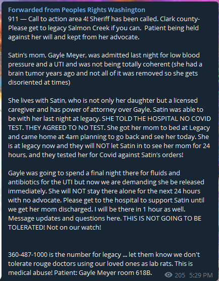 Interesting situation unfolding at Salmon Creek Legacy, where a crowd of far-right activists are demanding the release of an elderly woman who was admitted for a UTI and then refused a COVID testUnclear whether she was tested against her will or not? Either way, they're pissed