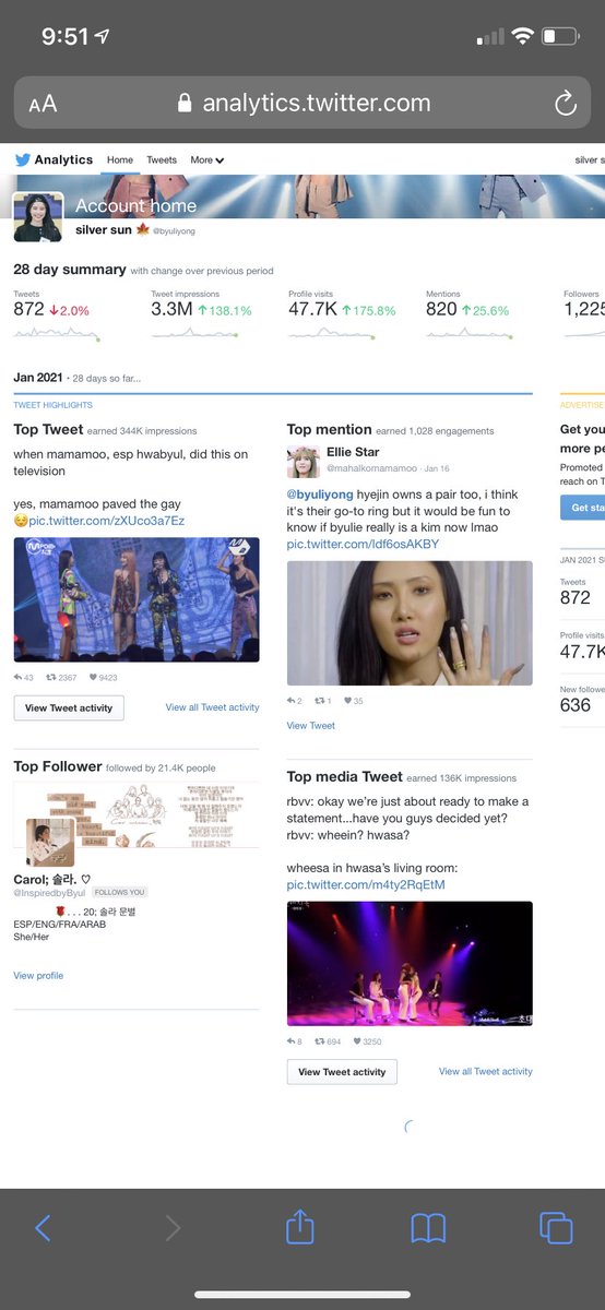 1. go on twitter through a web browser, NOT the app 2. click on your profile pic (1st pic) 3. click analytics (2nd pic) 4. it will redirect you to a different page (should look like 3rd pic)
