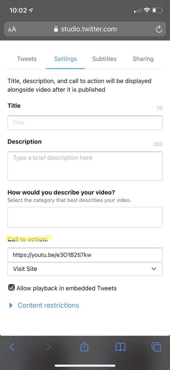9. scroll down to ‘call to action,’ paste the link (1st pic) 10. click tweet! (2nd pic) you can edit any video you’ve tweeted and whoever retweets it will also share the embedded link, so it’s a HUGE helpyou can also upload new videos under upload media (2nd pic) ty 