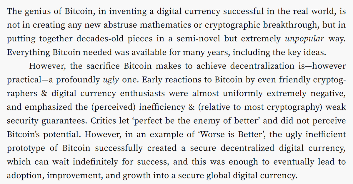 I will quote from a classic 2011 piece on the design decisions built into  #Bitcoin   by  @gwern: https://www.gwern.net/Bitcoin-is-Worse-is-Better