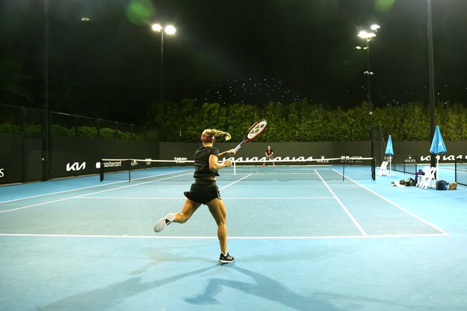 Angelique Kerber is seen at Melbourne Park for a late night practice session in preparation for the Australian Open 2021.