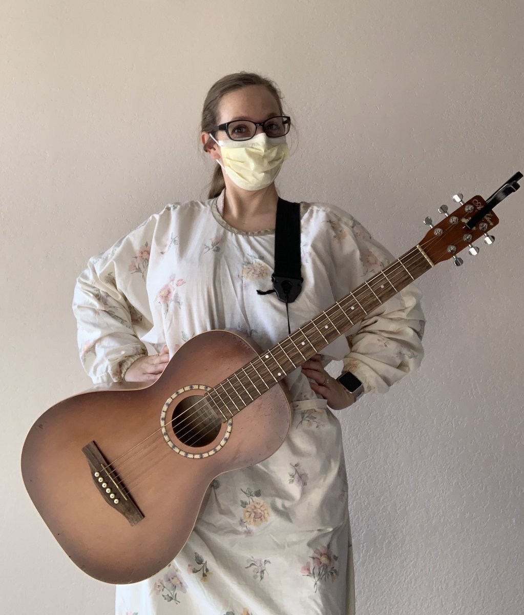 briMTBC's tweet photo. I had to laugh at myself this week 😆 got to wear this special isolation gown made from floral bedsheets in order to visit a patient in their home #hospice #musictherapy #nhpco https://t.co/suhX5PGrBp