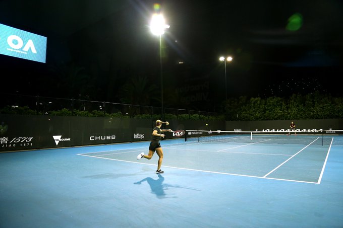 Angelique Kerber is seen at Melbourne Park for a late night practice session in preparation for the Australian Open 2021.