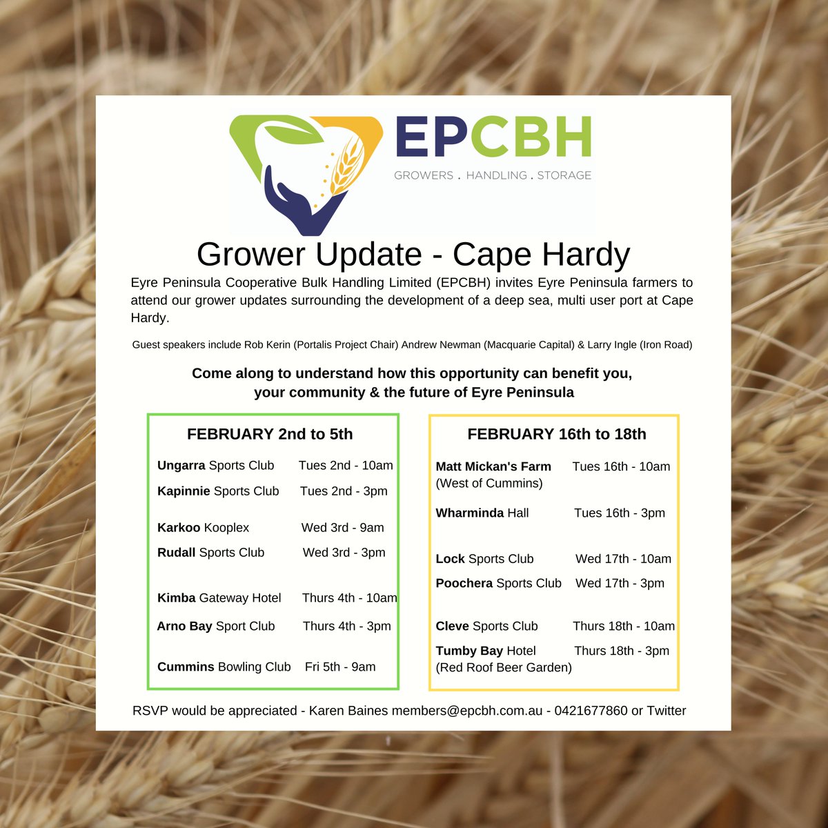 EPCBHLimited's tweet photo. EPCBH Grower Updates this week #capehardy #epag
#ungarra Tues 2nd Feb, 10am
#kapinnie Tues 2nd Feb, 3pm
#karkoo Wed 3rd Feb, 9am
#rudall Wed 3rd Feb, 3pm
#kimba Thur 4th Feb, 10am
#arnobay Thur 4th Feb, 3pm
#cummins Fri 5th Feb, 9am
RSVP is appreciated. @broadacrebabe https://t.co/HLntfKsAB7