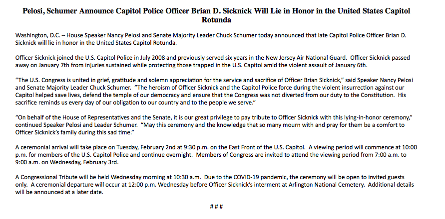 NBCNews's tweet photo. BREAKING: U.S. Capitol Police officer Brian Sicknick, who died from injuries sustained during the Jan. 6 storming of the Capitol, will lie in honor in the Capitol Rotunda, Speaker Pelosi and Senate Majority Leader Schumer announce. https://t.co/mnSBslamzn