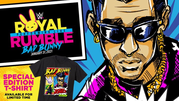 WWE has even released Bad Bunny merchandise ahead of his Royal Rumble performance. (WWE/Twitter)