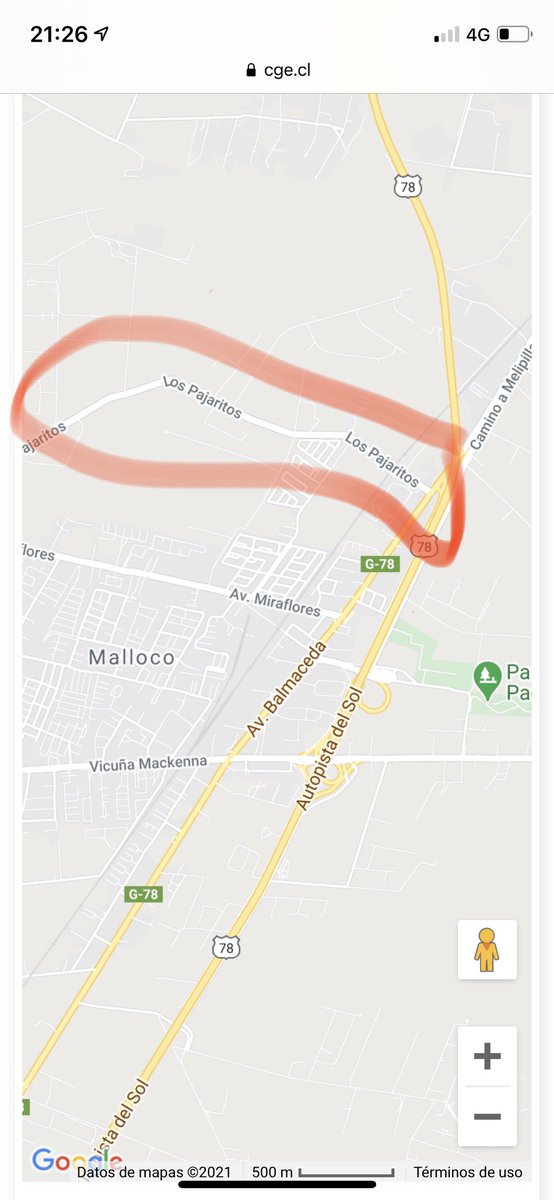 ararolando's tweet photo. ⁦⁦@CGE_Clientes⁩ #peñaflor #malloco #corte de luz este sector@se@encuentra sin luz desde las 20 hrs. Enviado x DM y no aparece en el mapa sin energía. https://t.co/JUeXPQvlyI