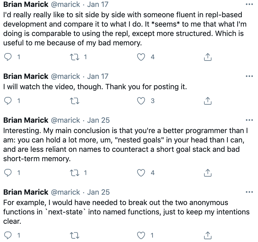 I find this thread interesting because it's one of the few times I've seen a public discussion of programming style drill down to differences in skills or aptitudes.When I've compared notes with friends, it often comes down to these, but I rarely see this discussed online.