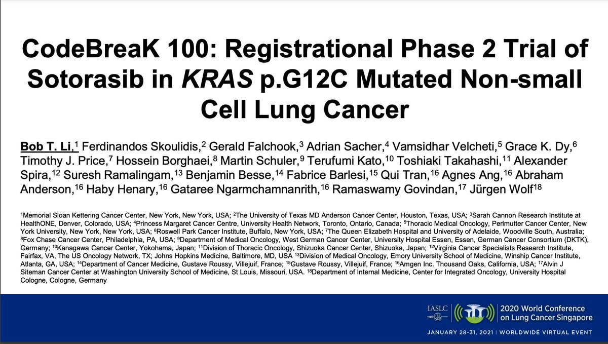 Up next I am going to go through the CodeBreaK100 trial, evaluating AMG510 in patients with KRAS G12C+ NSCLC. I know a lot of people have already gone over these data, but here we go!  #LCSM  #WCLC20