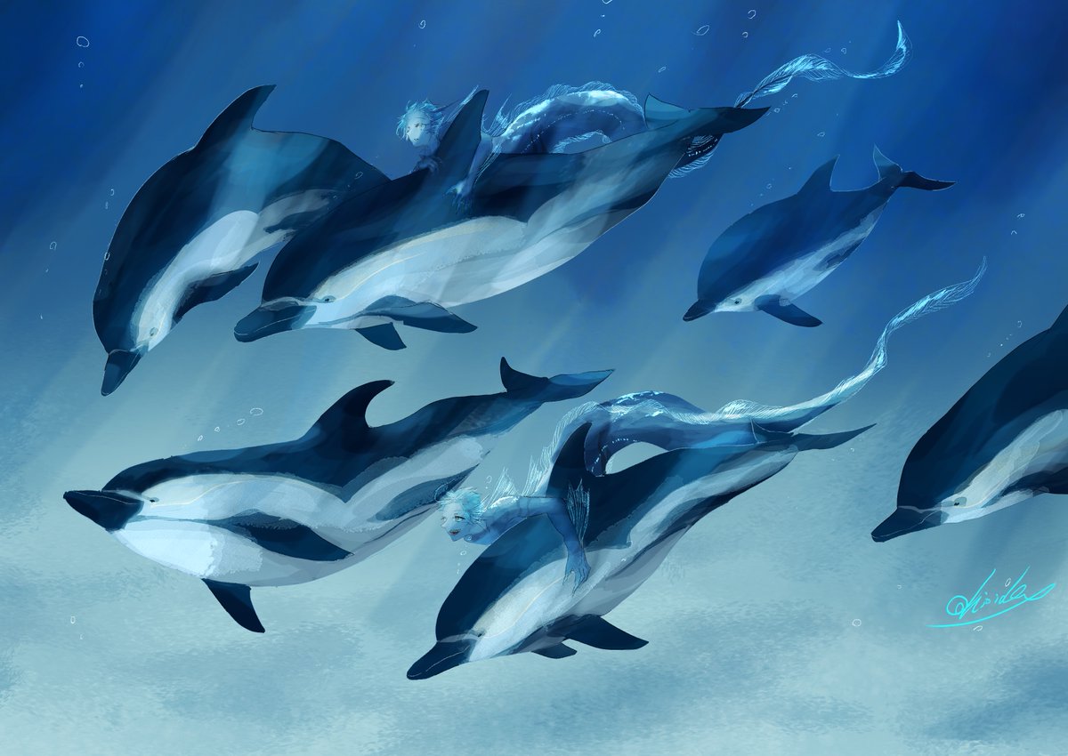 blue theme underwater whale fins male focus 1boy air bubble  illustration images