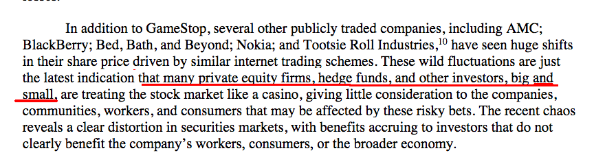 10/x Throughout she keeps equating small investors, people on reddit, w hedge funds & institutions. That they were both doing wrong or are somehow comparable.This both sides bs, intentional or not, downplays the obscene behavior of the real crooks. She misses the real problems.