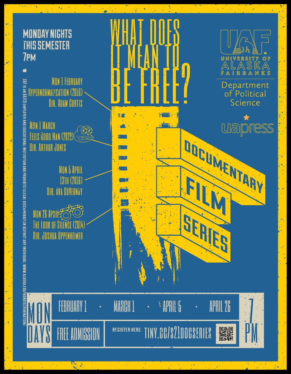 ualaskapress's tweet image. UA Press and the @uafairbanks Political Science Department are cohosting a curated series of documentary film discussions this semester on Zoom! Beginning next Monday (2/1), join us to explore What Does It Mean to Be Free? Register here: tiny.cc/s21docseries
