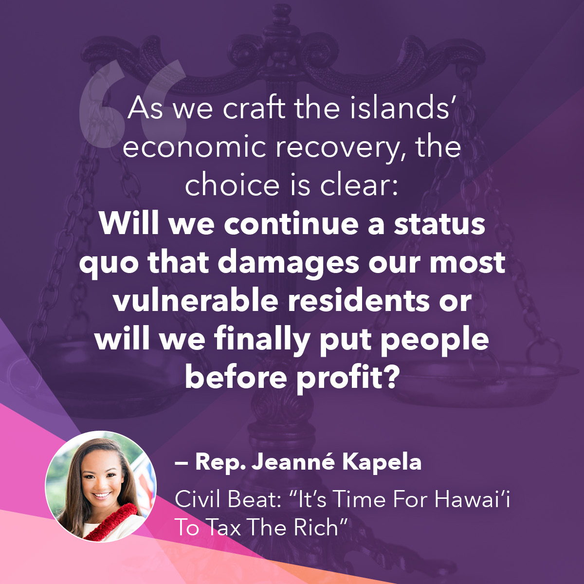 In Civil Beat, Rep. <a href="/JeanneKapela/">Jeanne Kapela</a> explains why she’s proposing tax increases on wealthy individuals and corporations that could generate over $700 million annually: It’s an “urgent test of our moral character.” civilbeat.org/2021/01/its-ti…
