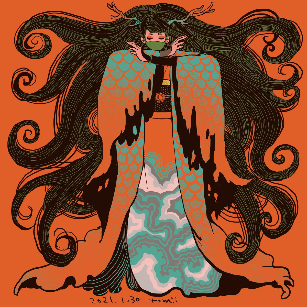 1girl solo long hair very long hair antlers kimono black hair  illustration images