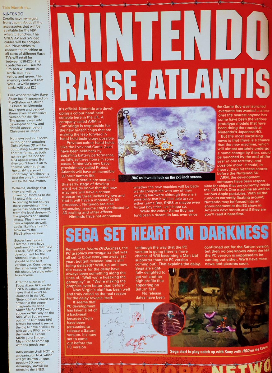 GamesmasterSaid's tweet photo. Latest news featuring Nintendo start development on colour handheld system, Lucasarts reveal string of new titles, and info on Virtua Fighter 3. (Pt. 2/2)
#HeartofDarkness #Saturn #TombRaider #Nintendo64 #3DO #RaveRacer #JohnDaly #DukeNukem3D #Studio3DO #Doom64 #FIFA97 https://t.co/FQJefDOAxc