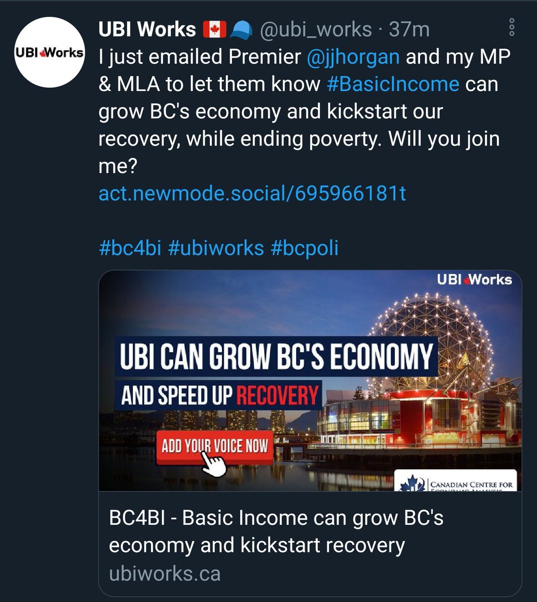 Thread:I'm anxious about UBI/BI program implementation for many reasons. One of them being the enthusiasm of conservative & capitalist driven groups like UBI Works, which have invested $ into a campaign to lobby against the recent BC report ( https://bcbasicincomepanel.ca/ )  #nlpoli  https://twitter.com/Alleyson/status/1355244482195816452